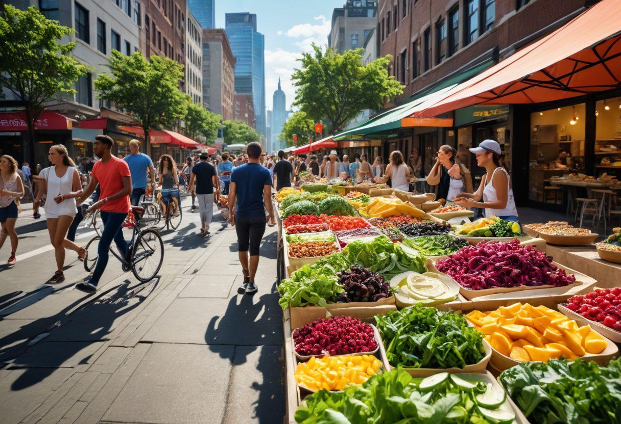 A vibrant scene showcasing a diverse array of healthy meals prepared quickly, featuring colorful salads, wraps, and smoothies. Include a busy urban backdrop with people enjoying these meals on the go, exuding joy and energy. Highlight fresh ingredients like leafy greens, ripe fruits, and grains, with appealing presentation. The atmosphere should feel lively and dynamic, capturing the essence of fast and fresh eating. super-realistic. vibrant colors. urban setting.